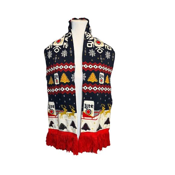 Miller Lite Christmas Tree Snowflake Reindeer Sleigh Holiday Scarf Unisex - Picture 1 of 5